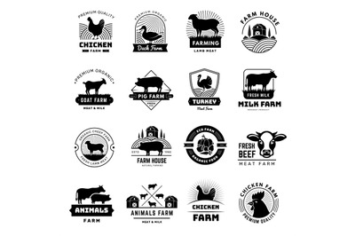 Rural badges. Farm emblems with domestic animals pork horses cows chic