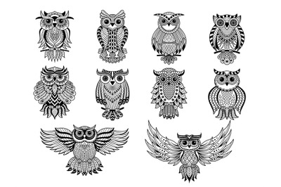 Tribal owls. Decorative ethnic stylized wings wild birds recent vector