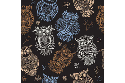 Owls pattern. Boho tribal textile design project with owls and ornate