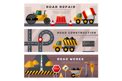 Road repair banners. Construction street road repair tools recent vect