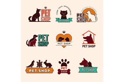 Pet shop logo. Zoo market emblems dog cats and other domestic animals