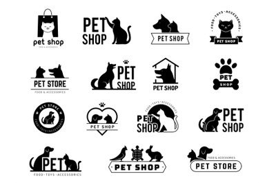 Pet shop badges. Domestic animals dogs cats stylized symbols for zoo m