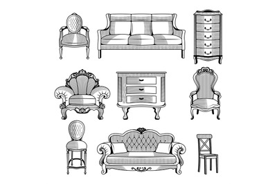 Retro furniture. Interior vintage objects sofa chair bed engraving pic