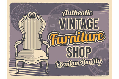 Vintage furniture poster. Ads placard with retro wardrobe table sofa c