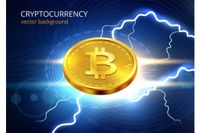 Bitcoin background. Future blockchain technology web sparking glowing