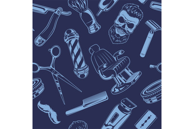 Barber shop pattern. Vintage hairstyles symbols scissors and blade for