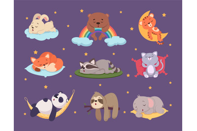 Relaxing animals. Cute sleeping characters funny poses exact vector se