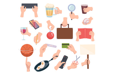 Comics hands. Human body parts hands holding items exact vector cartoo