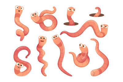 Worms. Cartoon insects in action poses bugs mascot with funny faces cr