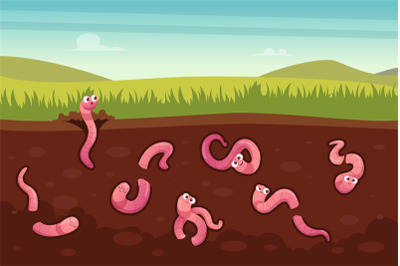 Worms in ground. Sliced view for a ground with creeping crawlers in ac