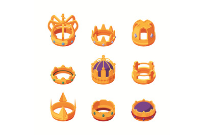 Golden crown. Isometric kings royal clothes for head crown with luxury