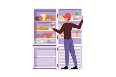 Hungry character. Man standing near fridge full with eating food meat