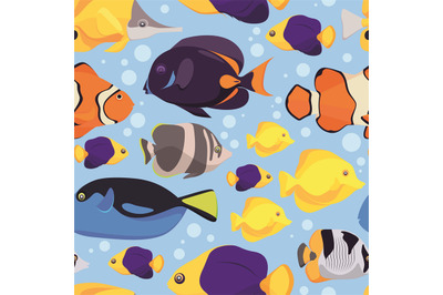 Fishes pattern. Colored wild exotic tropical fishes and underwater lif