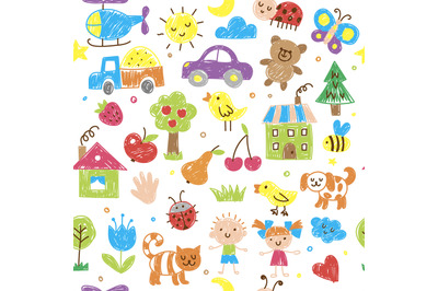 Kids drawn pattern. Funny doodle pencils drawn sketches grass trees cl