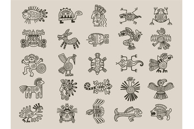 Aztec animals. Mexican tribals symbols maya graphic objects native eth