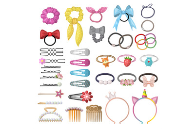 Hair grooming. Girlish plastic accessories clips rubber bands pins rec