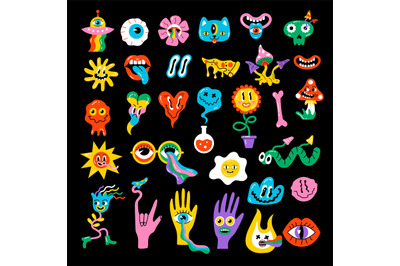 Hippy stickers. Neon psychedelic funny badges happy hallucination elem