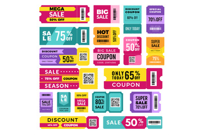 Price coupon. Ads discounts banners for marketplaces retail shop stick