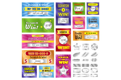 Scratch cards. Ads or lottery tickets templates with scratching textur