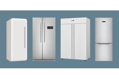 Realistic refrigerators. Kitchen household equipment for modern interi