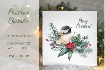 Christmas watercolor clipart, bird sublimation, chickadee