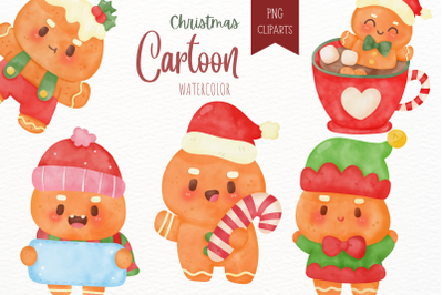 Christmas gingerbread watercolor. Kawaii clipart cute winter
