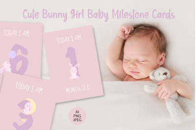Cute Bunny Girl Baby Milestone Cards PNG, Numbers clipart