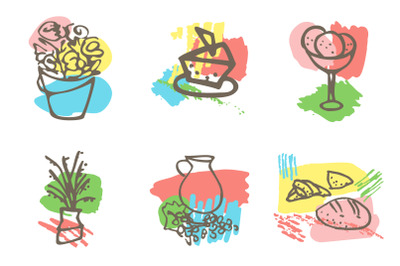 Doodle food and flowers set vector illustration