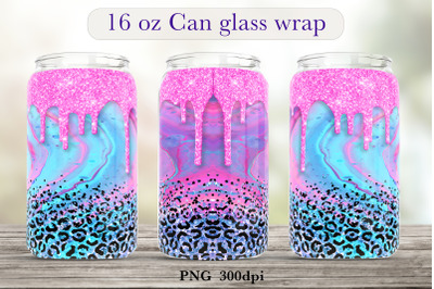 Pink glitter drip glass can wrap Leopard print sublimation