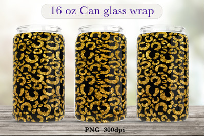 Leopard print glass can wrap Gold glitter sublimation png