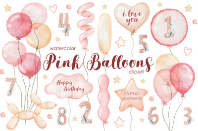 Watercolor Pink Balloons Clipart.