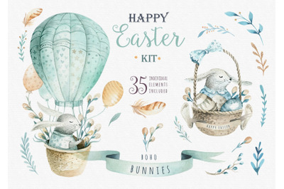 Watercolor happy easter clipart. Digital bunnies illustration