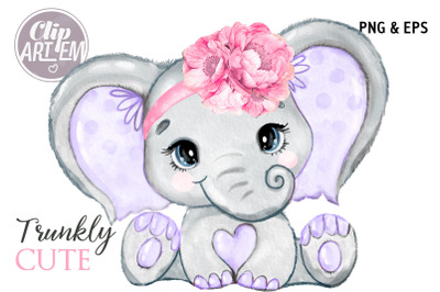 Pink Purple Baby Girl Elephant Watercolor Vector EPS and PNG images