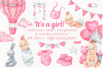Watercolor patterns and clipart with a newborn baby girl
