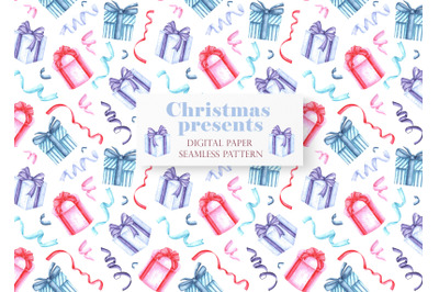 Christmas gifts digital paper, seamless pattern. Watercolor presents