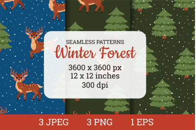 Winter Forest, reindeer seamless pattern. Digital paper PNG