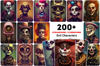 200&2B; Steampunk characters with evil clowns and skulls