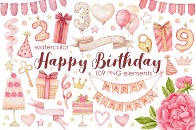 Watercolor Pink Birthday Clipart.