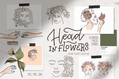 Head in flowers: women faces lineart