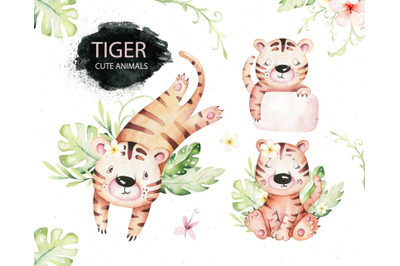 Watercolor tiger animals tropic clipart Digital kids baby tiger poster