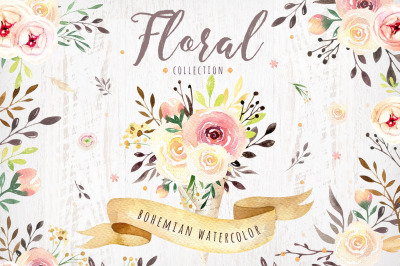 Watercolor boho flowers &amp; feathers Wedding digital Clip art collection