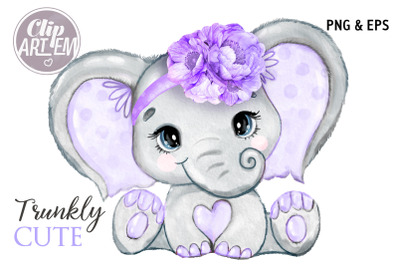 Purple Girl Elephant with Oversize Flower Vector Clip Art