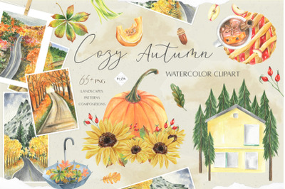 Cozy Autumn Watercolor Clipart. Landscapes, pumpkins, fall digital pap