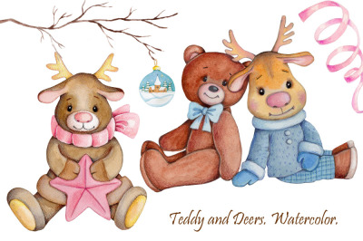 Teddy Bear and Christmas Deers. Watercolor hand drawn art.
