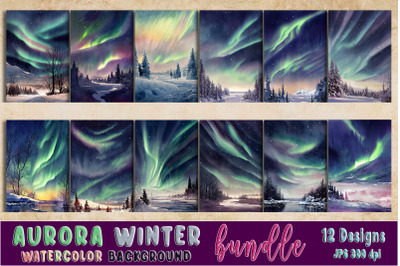 Aurora Winter Watercolor Background Bundle