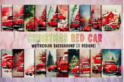 Christmas Red Car Watercolor Background Bundle