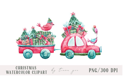 Watercolor Christmas car with gift boxes sublimation - 1 png