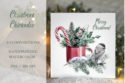 Christmas watercolor clipart, chickadee png, sublimation