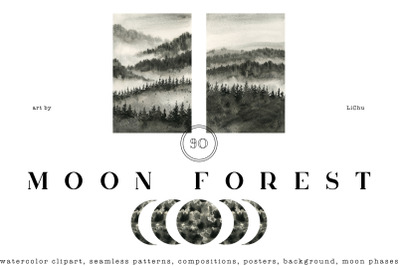 Moon Forest Watercolor Mountains &amp; Posters