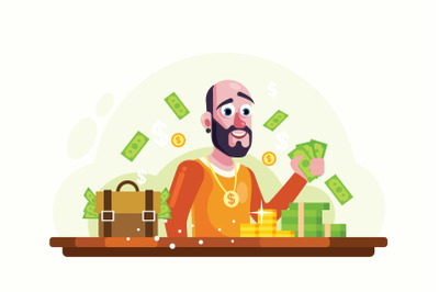 Rich Man with Money and Gold Vector Illustration